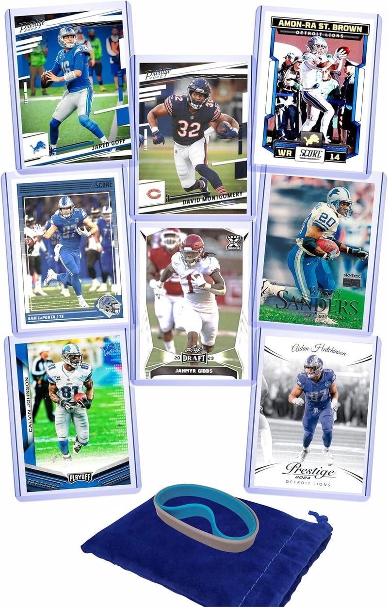 Chaser Detroit Lions Cards: Jared Goff, David Montgomery, Amon-Ra St. Brown, Sam LaPorta, Jahmyr Gibbs, Barry Sanders, Aidan Hutchinson, Calvin Johnson ASSORTED Football Stars & GOATs Trading Card & Wristbands Gift Pack - Image 1